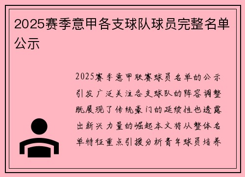 2025赛季意甲各支球队球员完整名单公示