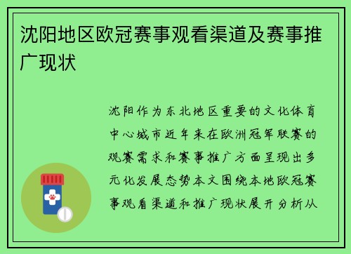 沈阳地区欧冠赛事观看渠道及赛事推广现状
